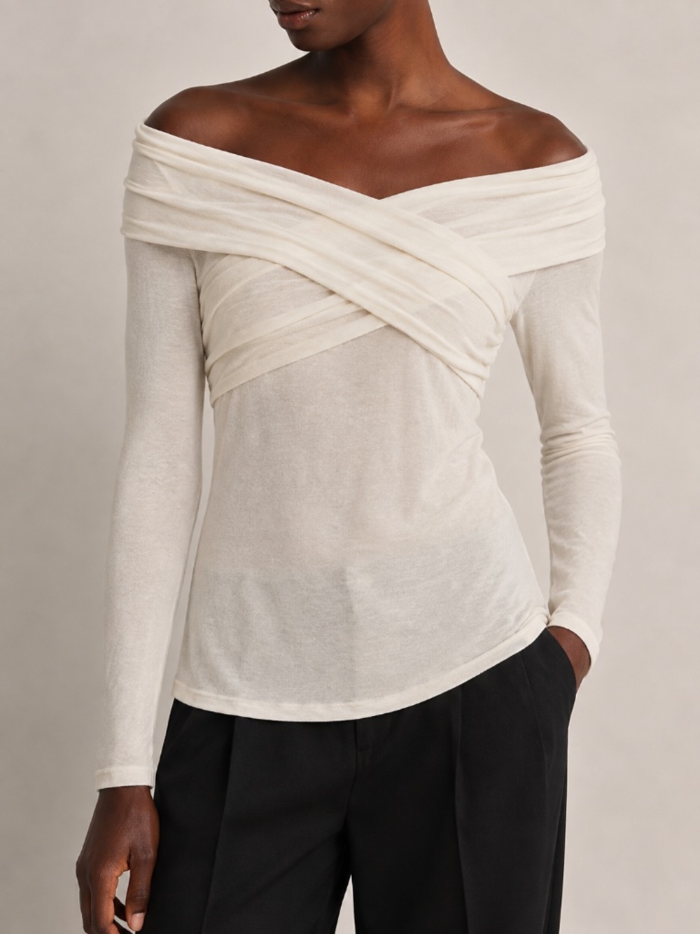 Babaton Zeta Longsleeve Light Birch Off-Shoulder Draped Quiet Luxury Top M